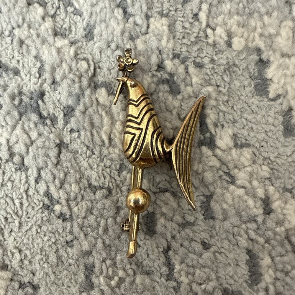 Vintage Signed Zentall Bird With Flower Gold-Tone Brooch Pin, 2.25"